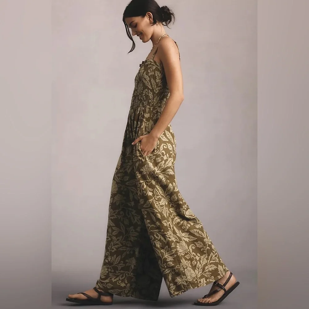 Anthropologie Pilcro Smocked Printed Linen Jumpsuit in Moss - Picture 2 of 9